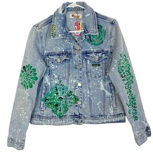 Handmade Jean Jacket Womens Small Denim Floral Mandala Blue Green Gold Upcycled